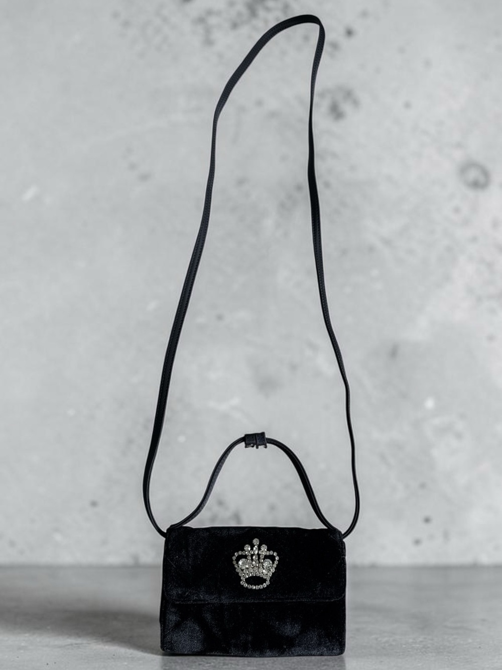 My Flat In London Mini Black Velvet Rhinestone Crown Crossbody & Top Handle Bag